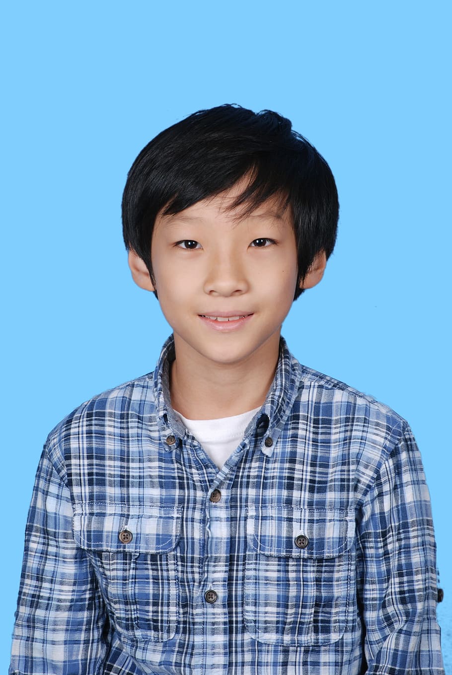 blue, plaid, dress shirt photo, Boy, Portrait, Child, Asian, Posing, kid, smiling