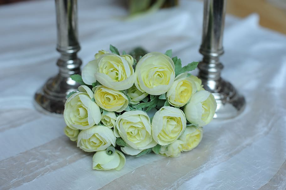 wedding, flowers, arrangement, bouquet, decoration, white, bouquet of roses, registry office, table, close