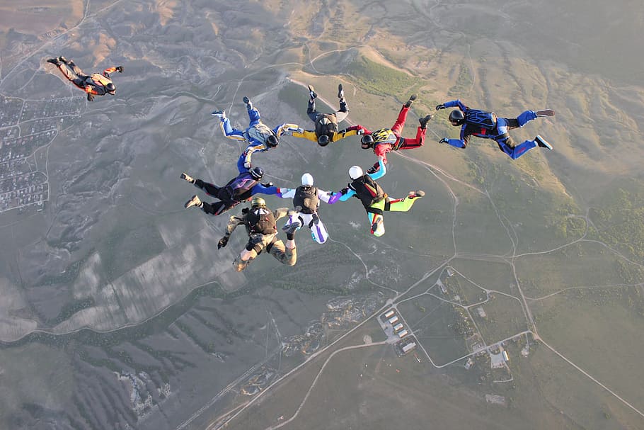 parachute, sports, sky, group of people, high angle view, nature, sport, aerial view, crowd, skydiving
