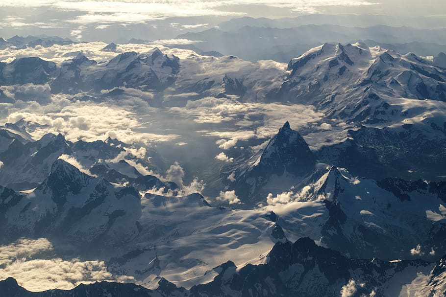 aerial, view photography, snow mountains, nature, landscape, mountain, clouds, sky, travel, adventure