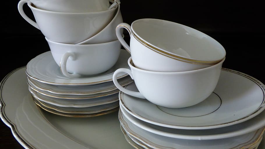 tableware, porcelain, gold edge, white, t, dowry, coffee service, stack, crockery, saucer