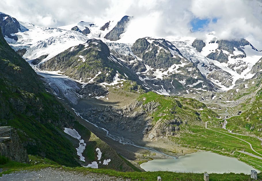 gunung yang tertutup salju, siang hari, swiss, pegunungan Alpen tengah, lintasan pass, pemandangan, pegunungan, gletser, ladang salju, aliran gletser