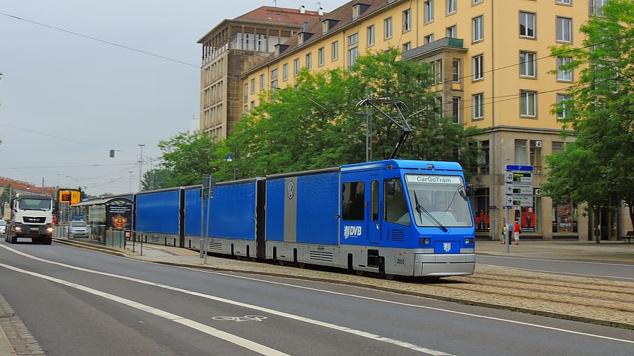 blue, tram, road, dresden, germany, city, european, urban, transport, transportation