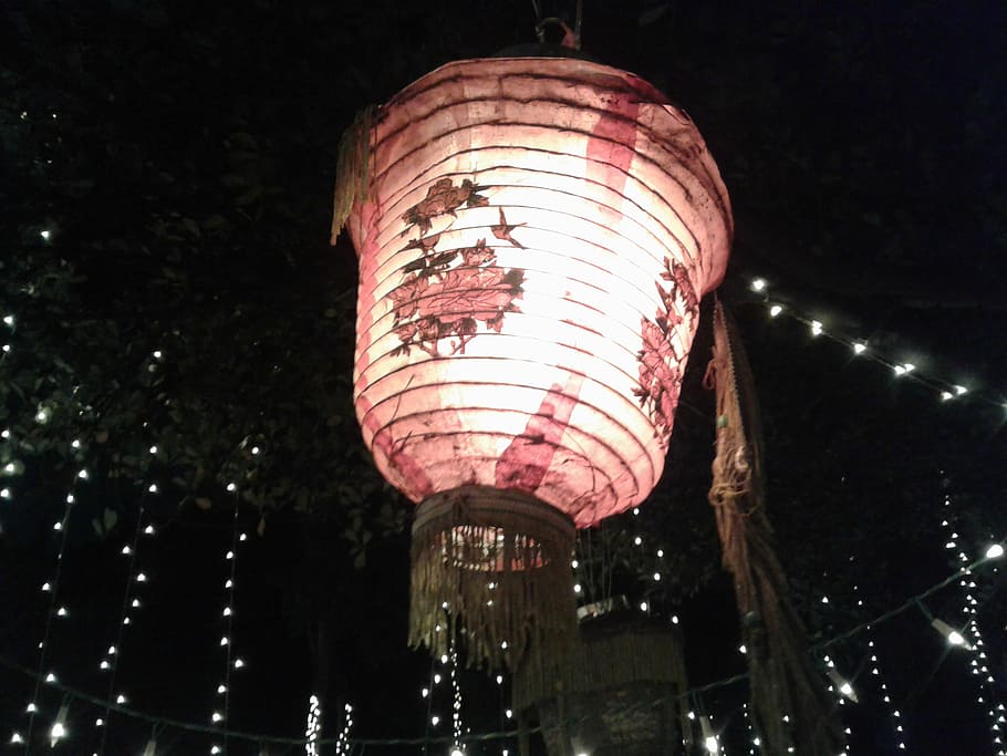 lighted, pink, paper lantern, red, white, lantern, light, night, lamp, holiday