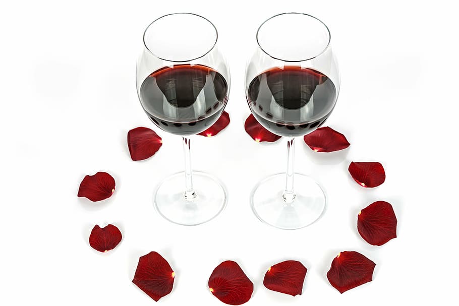 two wine glasses, two glasses, gift, light, rose, wine, glass, alcohol, red, drink