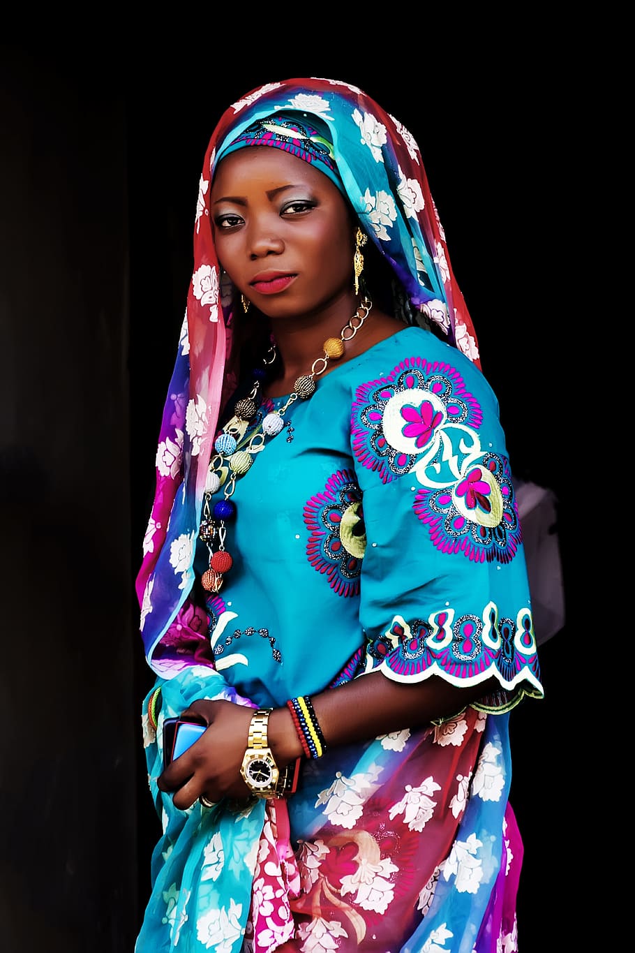 푸른, 자, 꽃 무늬의, 드레스, 아프리카 여자, 여자, 나이지리아 여자, 검은, 흑인 여성, 아름다운 흑인 여성