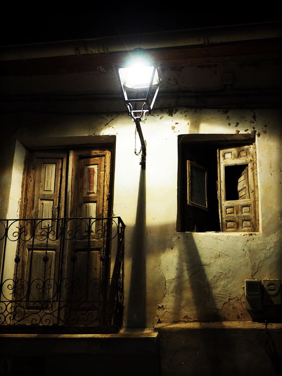 black, wall lamp, brown, wooden, panel door, window, lamp, panel, door, old house