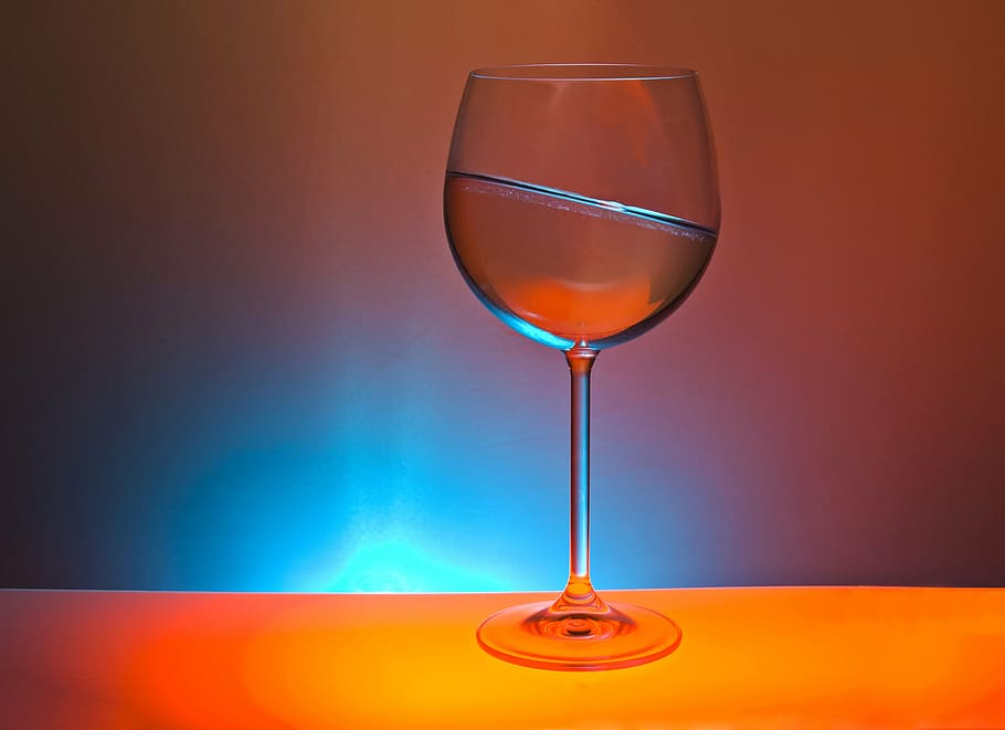 clear wine glass, glass, drink, colorful, light, askew, oblique, table, glasses, thirst
