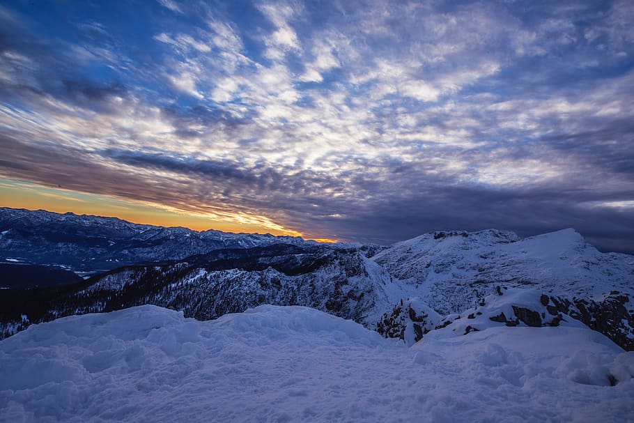 snow, winter, white, cold, weather, ice, clouds, sky, sunset, mountain