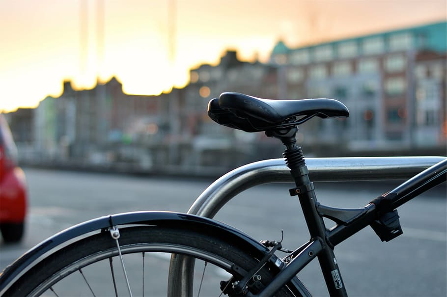black, gray, mountain bike, leaning, railing, shallow, focus, photography, bicycle, bike
