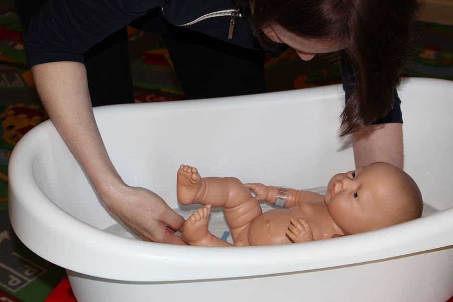 child, doll, bath, childbirth, pregnancy, expectant mom, training, childhood, real people, baby