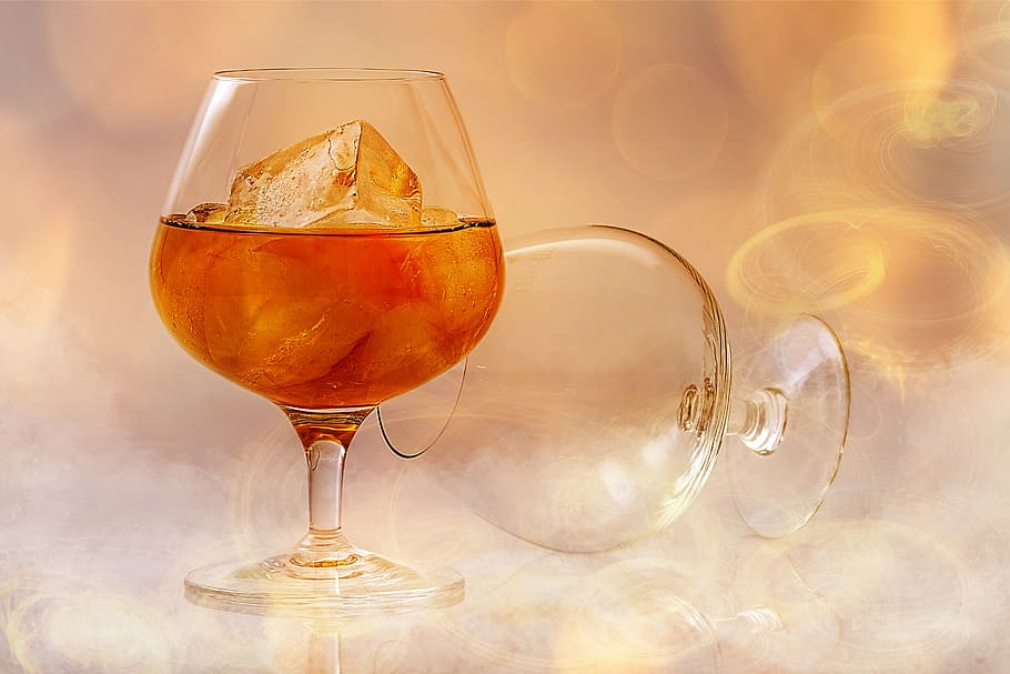 two, beverage, clear, wine footed glasses, brandy, alcohol, smoke, fire, lighting, refreshment