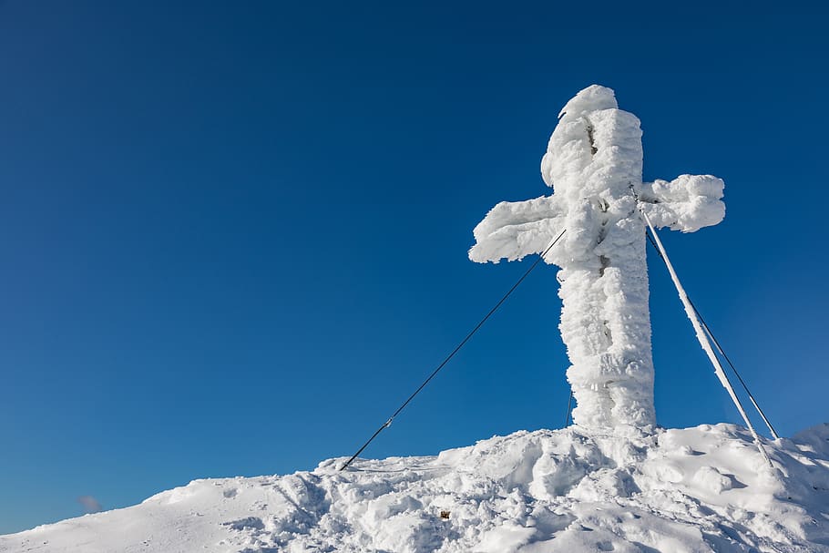 summit cross, cold, snow, drift, mountains, sky, frost, winter magic, backcountry skiiing, cross