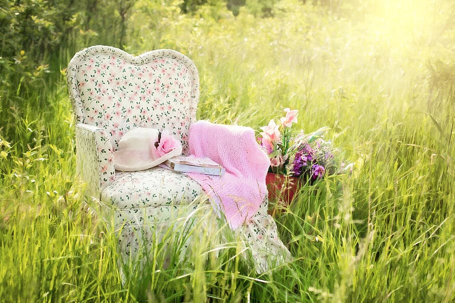 white, green, pink, floral, fabric sofa chair, textile, hat, grass, chair in field, floral chair