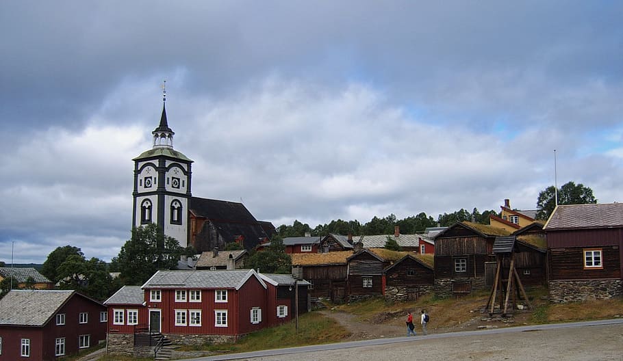 Norway, Town, Village, Landscape, homes, houses, sky, clouds, spring, buildings