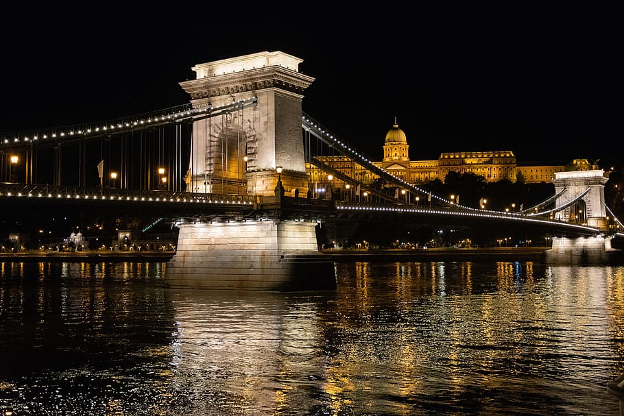 chain bridge, budapest, danube, hungary, bridge, water, at night, city, river, cityscape