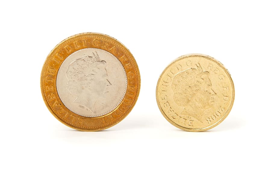 duas, moedas douradas redondas, britânico, negócios, comprar, numerário, moeda, dinheiro, inglês, finanças