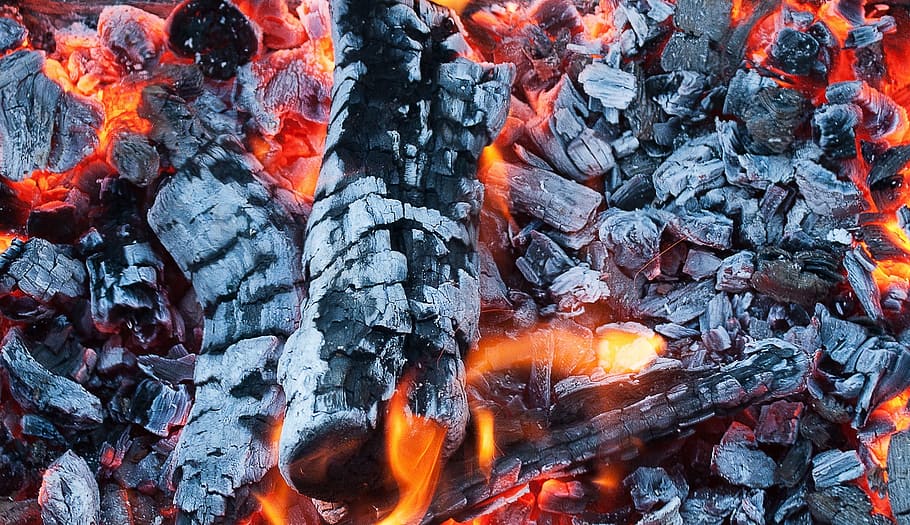 foto close-up, coklat, merah, pembakaran, kayu, mangal, batubara, api unggun, api, shish kebab