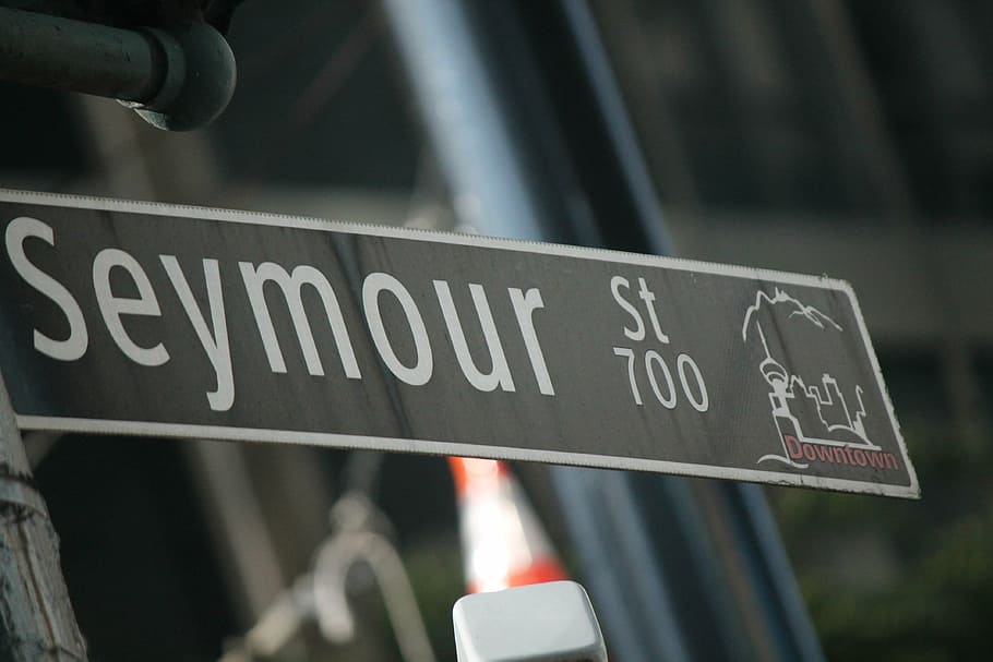 cartel de la calle, nombre de la calle, señal de tráfico, seymour, columbia británica, canadá, centro de la ciudad, calle, foto, royalt