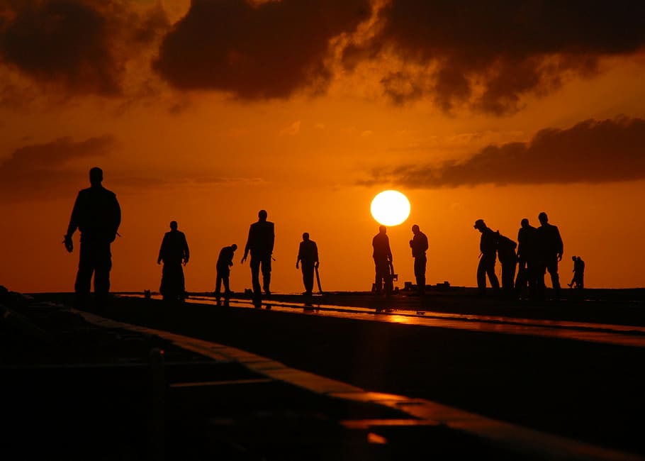 silhouette, people, road, silhouettes, worker, dusk, flight deck, aircraft carrier, maintenance, sky