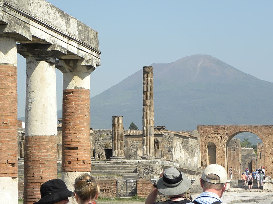gente, ruinas, soleado, cielo, pompeya, vesubio, italia, romano, arqueología, nápoles