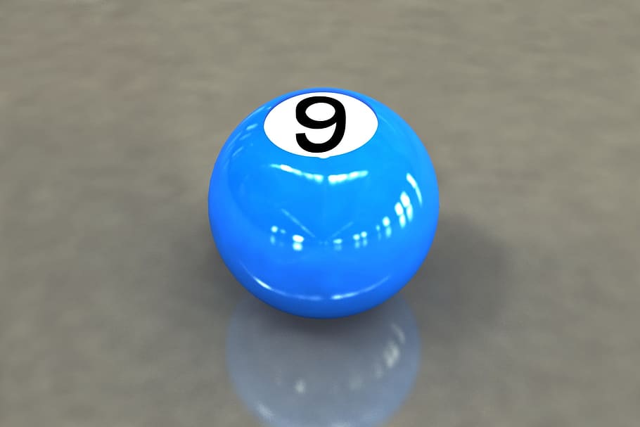 9-ball, billiards, game, 3d, blue, indoors, sphere, close-up, ball, high angle view