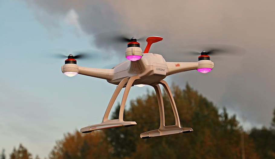 white, quad copter drone, drone, uav, sky, clouds, quadrocopter, fly, robot, multikopter