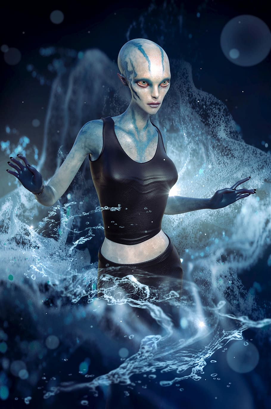 female, character, black, tank, top, fantasy, alien, water, book cover, figure