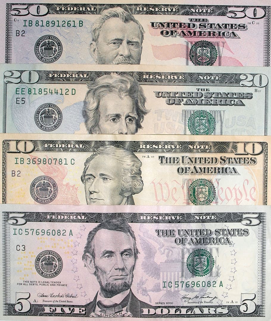 5, 10, 20, 50 billetes de dólar estadounidense, dólares, billetes de dólar, billetes de banco, dinero, banco de américa, dólares estadounidenses