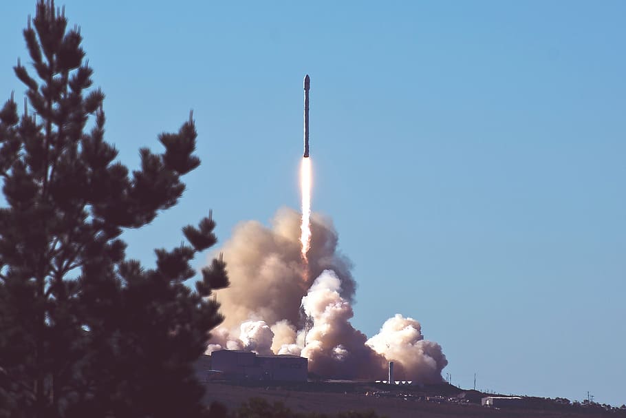 rocket, launching, green, tree, smoke, trees, clouds, sky, missile, spacecraft