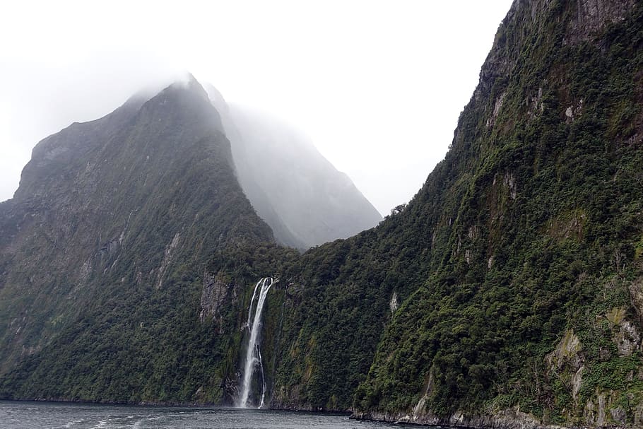 waterfalls during daytime, Nature, Landscape, Sky, Mountain, sky, mountain, new zealand, travel, break, abstract