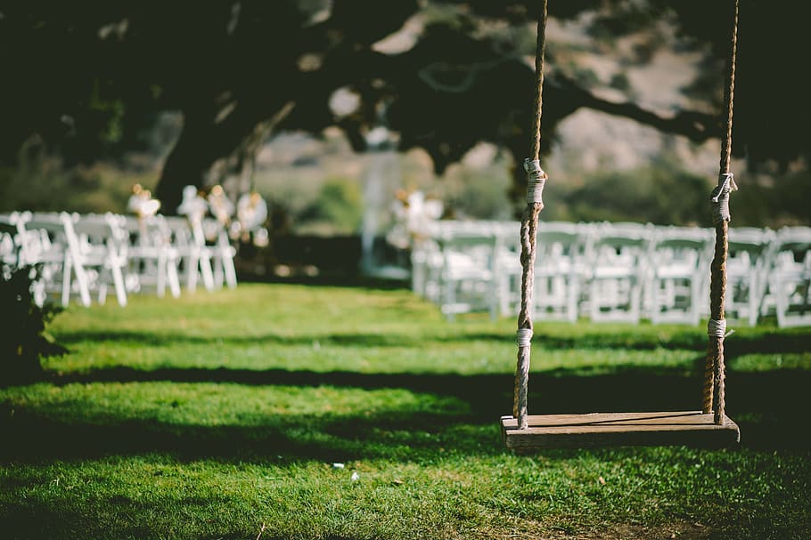wedding reception, swing, grass, chairs, park, focus on foreground, plant, day, nature, playground