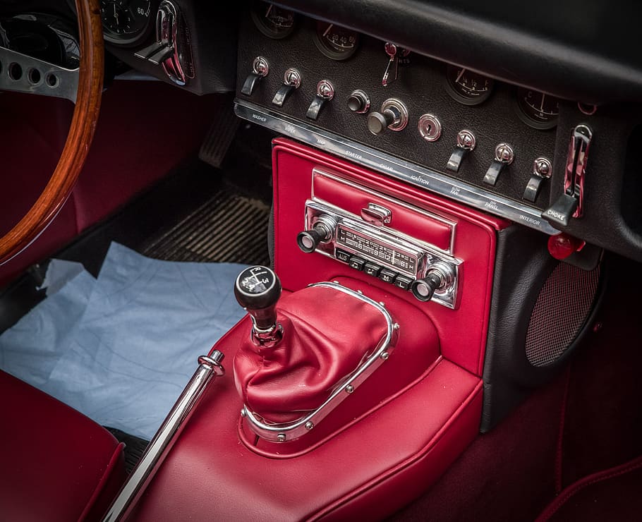 center console, radio, gear shift lever, jaguar, e type, auto, classic, vehicle, oldtimer, luxury