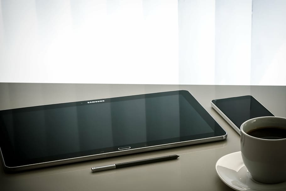 black, samsung galaxy tab, gray, surface, technology, table, stylus, samsung, cellphone, cup