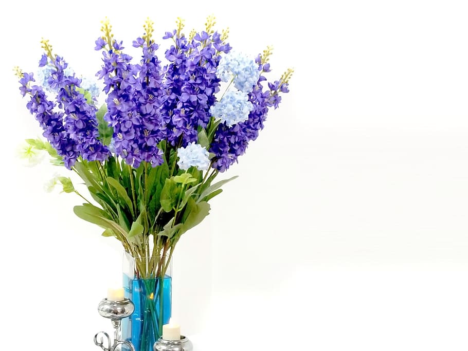 purple, green, flowers, flower, flora, bouquet, violet, blue, candle, vase