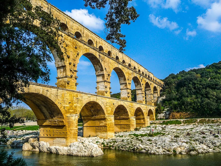 brown, concrete, brick, daytime, Pont Du Gard, Nimes, Arles, Ales, viaduct, aqueduct