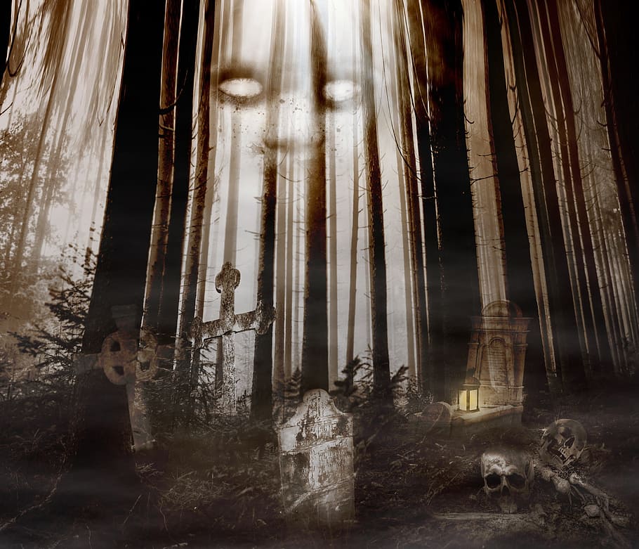 Tumba, medio, ilustración del bosque, tumbas, bosque, espeluznante, halloween, cruz, muertos vivientes, demonio