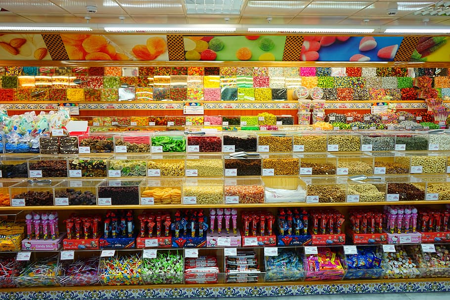 Produtos de confeitaria, Venda, Doces, Gama, variedade de doces, prateleira, doces feitos à mão, couro, supermercado, varejo