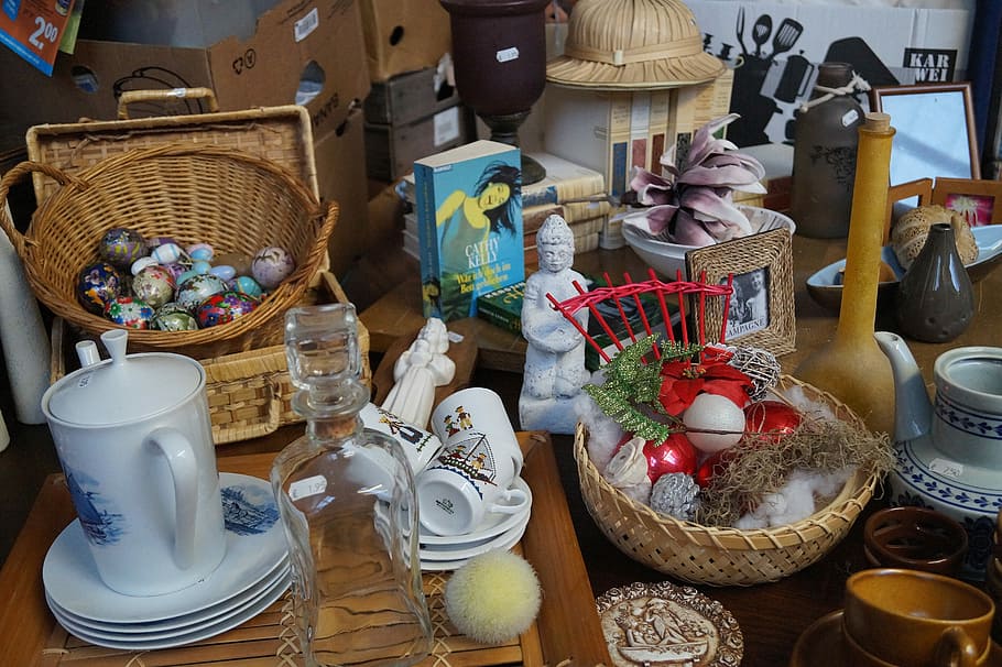 assorted, figurines, plates, mugs, jars, table, Flea Market, Stuff, Objects, Things