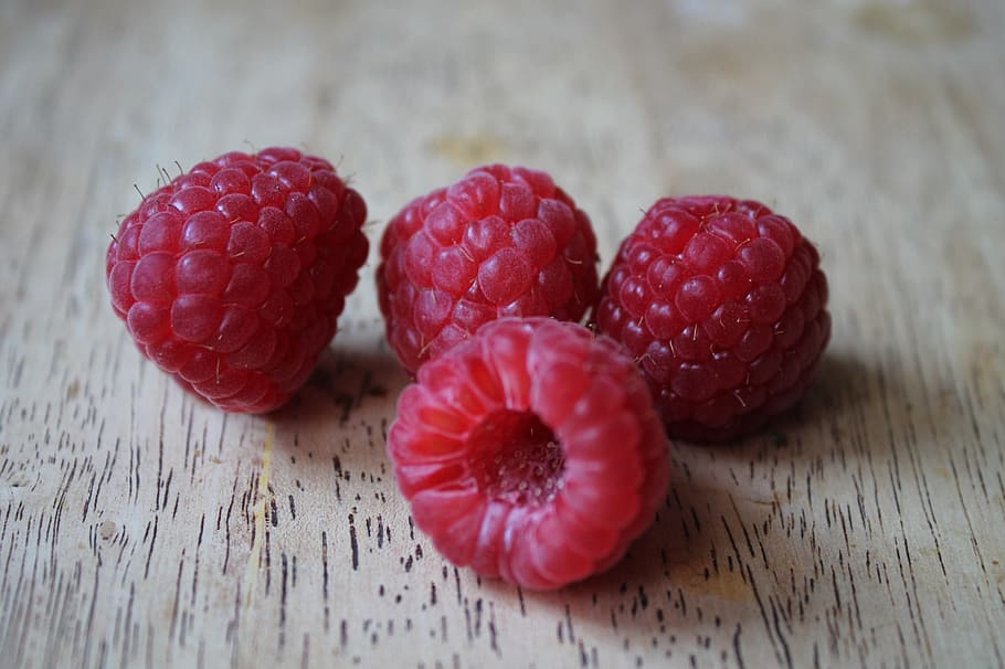 four raspberry fruits, raspberries, red, fruit, ripe raspberries, sweet, fruit garden, healthy food, fresh, summer