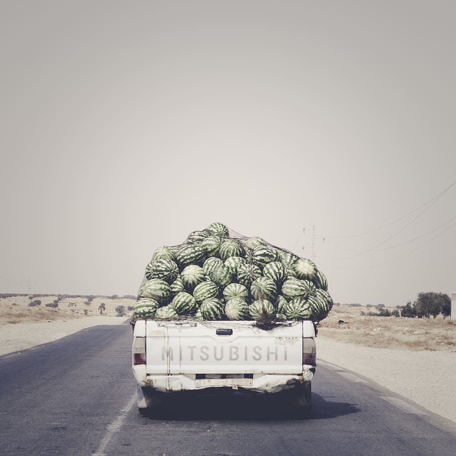 mitsubishi pickup truck, carrying, watermelon lot, traveling, road, daytime, watermelons, van, machine, via