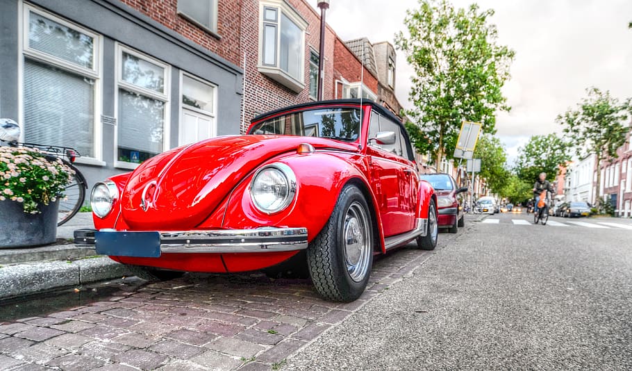 beetle, car, red, volkswagen, vehicle, automotive, classic, vw, vintage, old