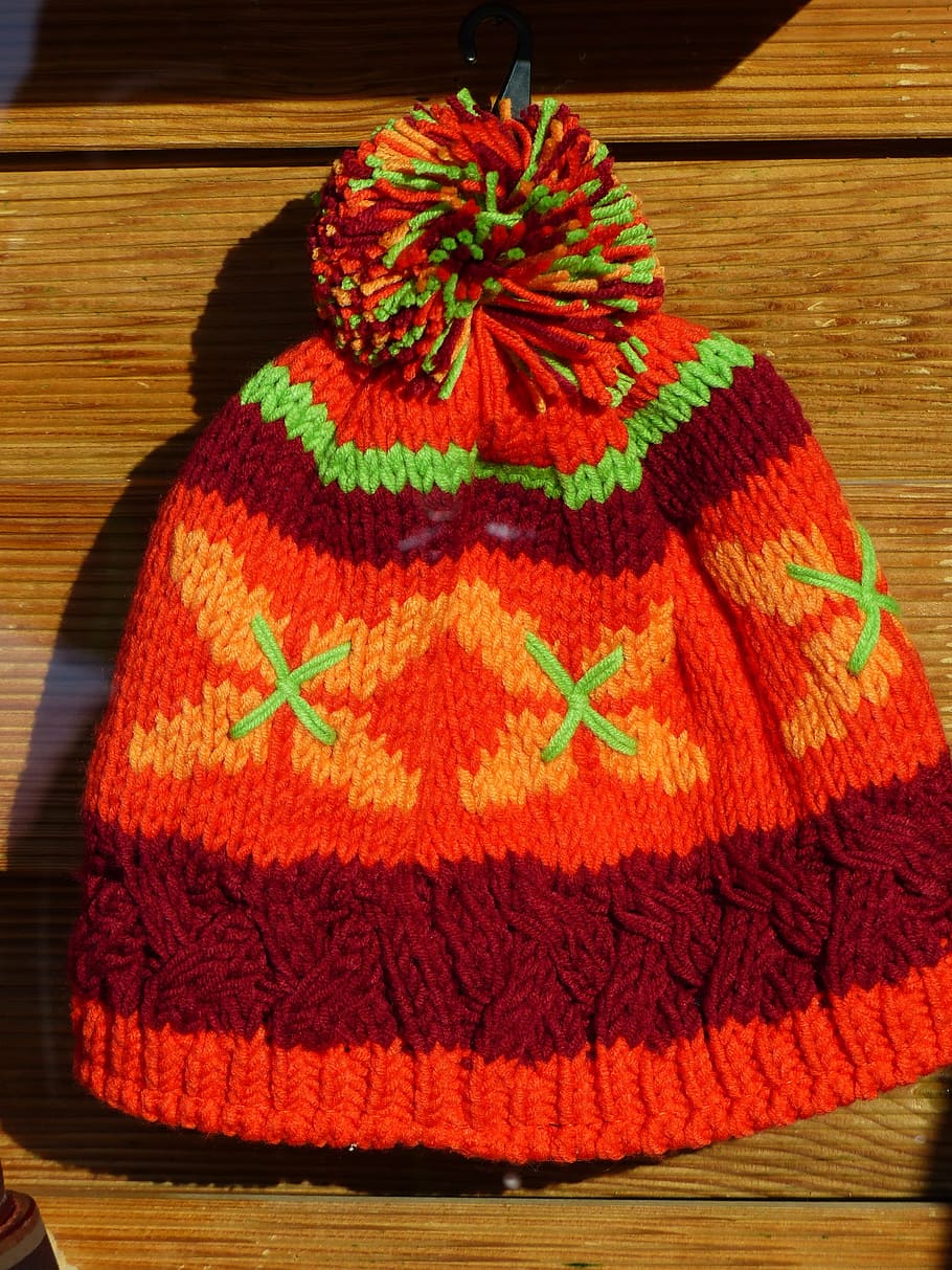 Cap, Colorful, Orange, Warm, cheerful, knitted, knit beanie cap, wool, bobble hat, pattern
