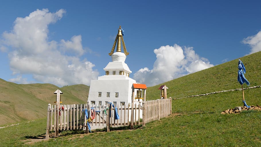 mongolia, steppe, stupa, landscape, sky, religion, spirituality, built structure, cloud - sky, place of worship