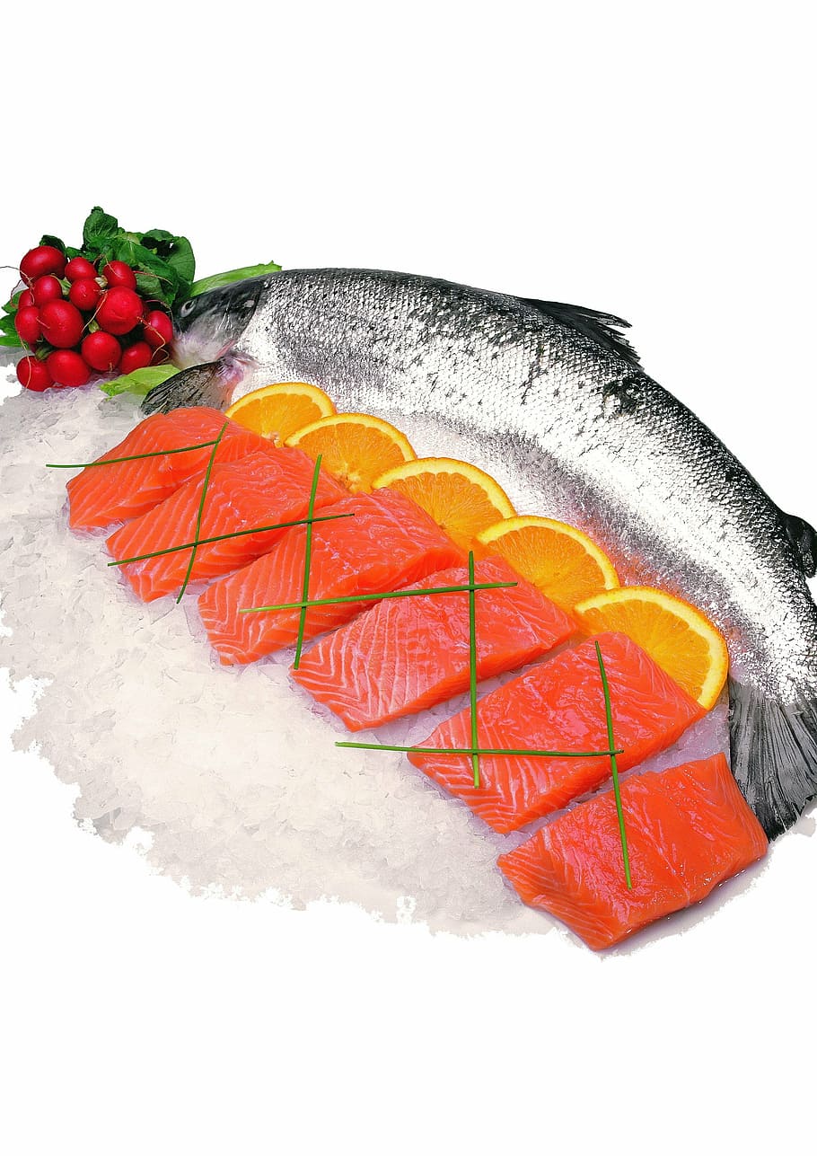 daging ikan, jeruk, buah-buahan, laut, ikan, di atas es, salmon, mentah, makanan, daging