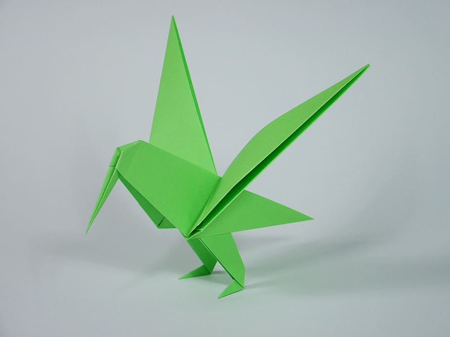 green paper art, origami, folding, bird, symbol, studio shot, green color, paper, shape, white background