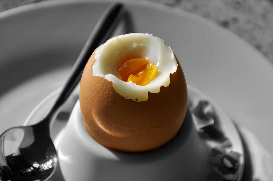 boiled, egg, plate, spoon, breakfast egg, boiled egg, food, egg cups, breakfast, soft-boiled egg