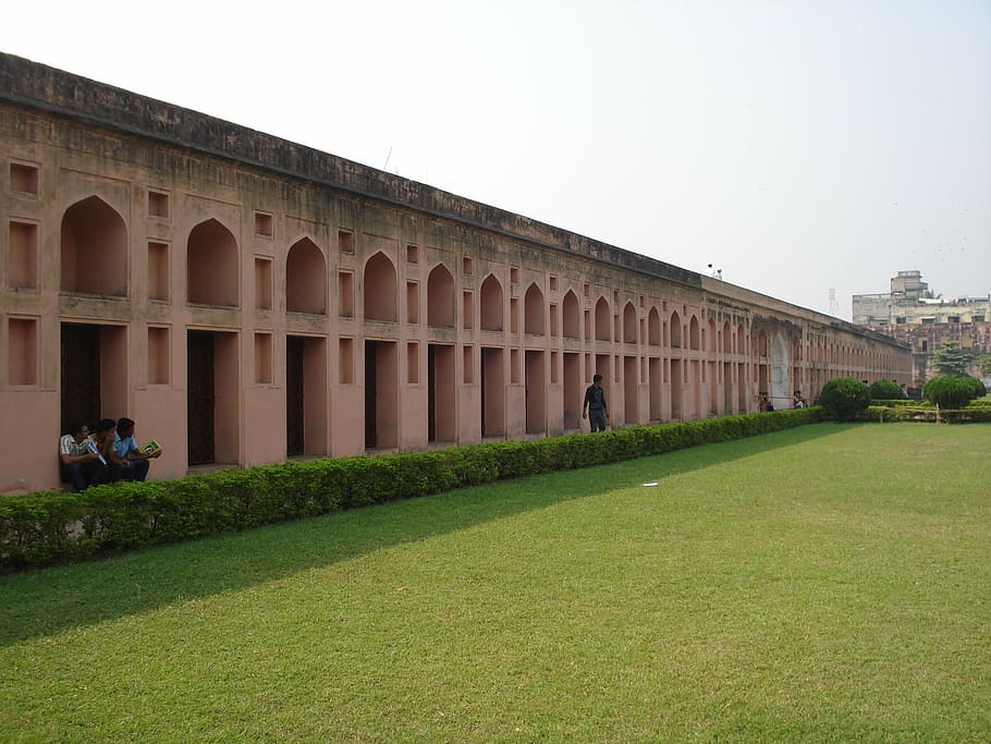 lalbagh fort, 17th century mughal fort, dhaka, architecture, built structure, building exterior, grass, plant, sky, clear sky