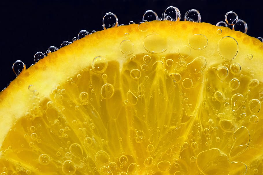 close-up photography, yellow, slice lemon, orange, orange slices, blow, blubber, water bubbles, air bubbles, fruit