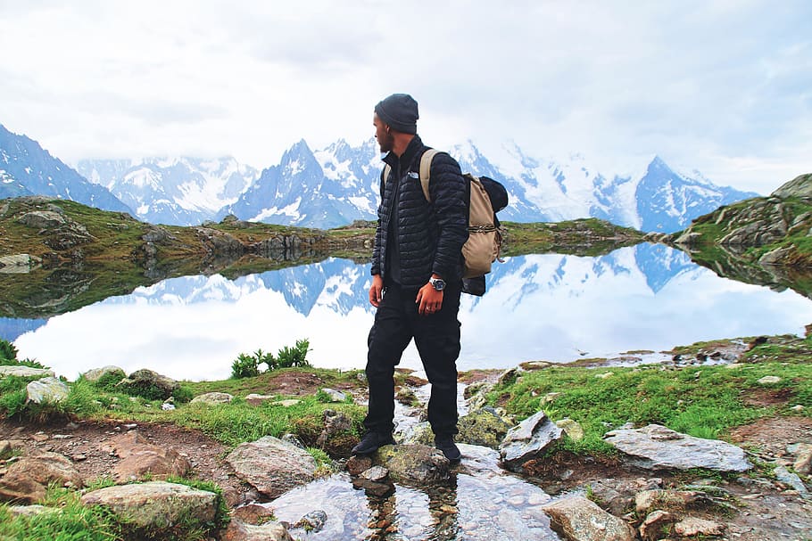 man, stands, mountains, Chamonix, France, people, adventure, healthy, landscape, nature